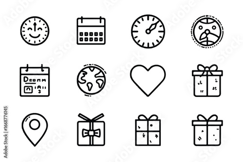 Black and White Icon Set Featuring Calendar Clock Globe Heart Gift and Location Symbols for Design Projects