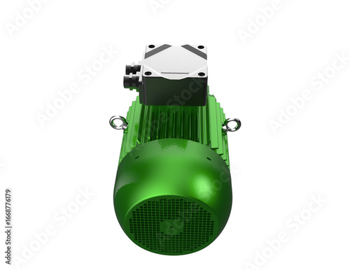 Green Industrial Electric Motor 3D Render Isolated. A high-definition AC Induction Engine, essential for modern engineering and manufacturing projects, isolated on transparent PNG background for