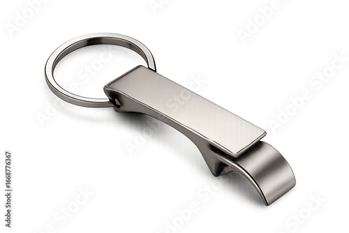 Minimalist silver bottle opener keychain with curved tip on transparent background