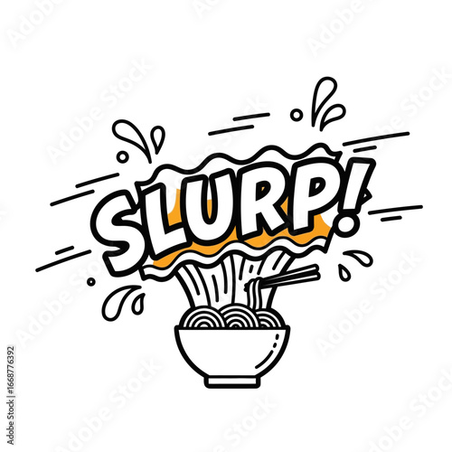 Delicious Noodles in Bowl with Slurp! Comic-Style Illustration