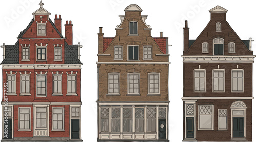 Traditional Dutch gable houses, Amsterdam-style architecture, vintage European facades, historic brick buildings, symmetrical windows, street elevation design, heritage architecture illustration