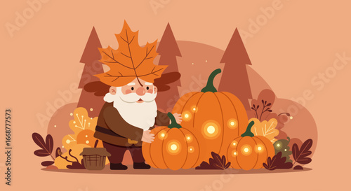 This Flat Design illustration shows a kind forest gnome with a leaf hat, nurturing glowing magical pumpkins in an enchanting autumn forest. It combines nature and festive Halloween elements.