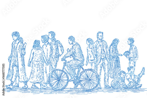 Blue illustration of people in a city park engaging in different activities like walking biking talking and sitting