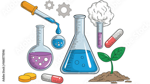 Scientific laboratory equipment with plant and pills science research