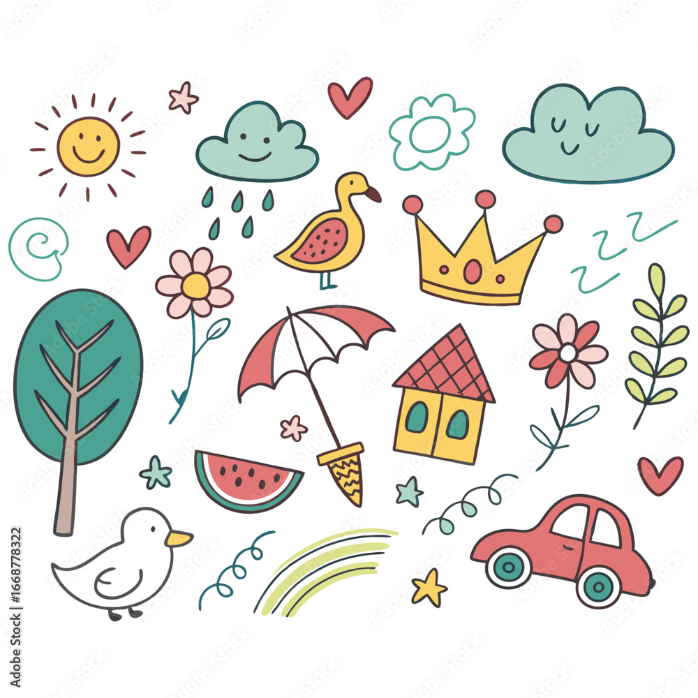 Whimsical hand-drawn collection of cute objects for children's designs white background Whimsical hand-drawn collection of cute objects for children's designs white background