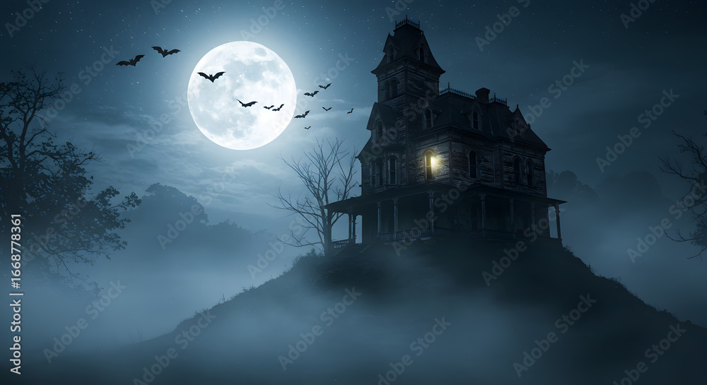 Fototapeta premium Haunted Victorian house on a hill under a full moon and night fog