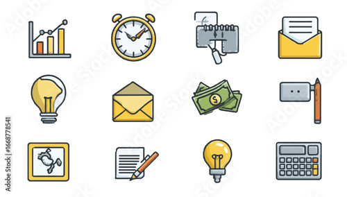 Business and Finance Related Icons Representing Progress Communication and Calculations for Success and Development