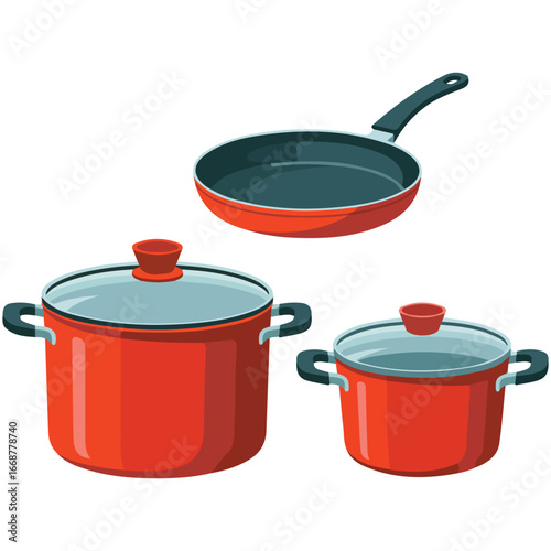 Saucepans pans cooking pots stewpot with lids isolated vector illustration on white background