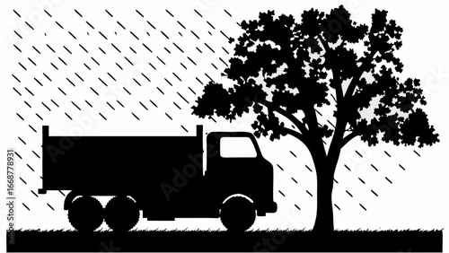 Silhouette of a dump truck parked next to a tree during a rainstorm with diagonal rain lines falling | editable eps vectors