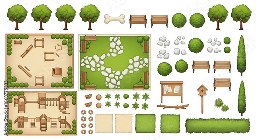 Vector illustration of park elements including playgrounds and landscaping