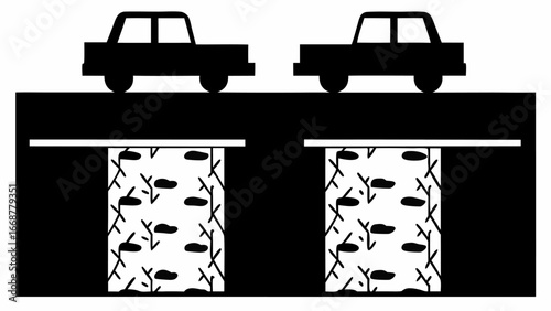 Two cars on a road passing over two underground tunnels with visible interior details and support beams | editable eps vectors silhouette