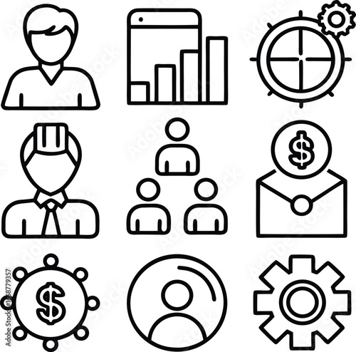Business icon set modern line graphics for finance strategy growth and teamwork professional services marketing operations