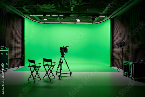 Professional film production studio with a large green screen backdrop ready for digital effects and visual artistry