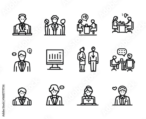 Business Icons Set People Meeting Negotiations Teamwork Brainstorming Data Analysis and Computer Work Pictograms Depicting Different Aspects