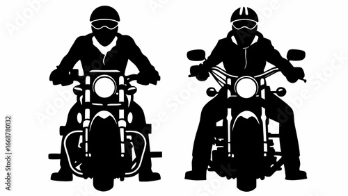 Two silhouettes of motorcyclists wearing helmets and goggles riding motorcycles in black and white style | editable eps vectors