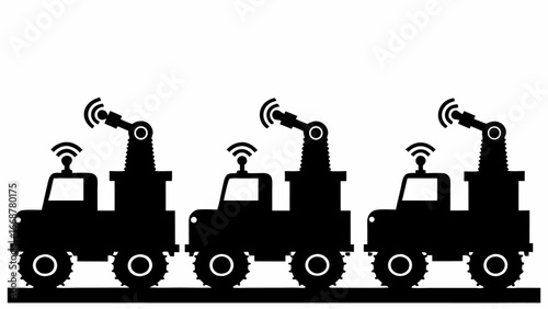Three automated vehicles with robotic arms and antenna in black silhouette on a white background | editable eps vectors
