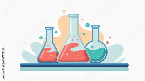 Three laboratory flasks with colored liquids and bubbles science research