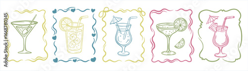 Vector set of hand drawn cocktails in decorative frames. Summer drinks illustration with martini, mojito, margarita and tropical beverages. Perfect for bar menu, party, or beach design