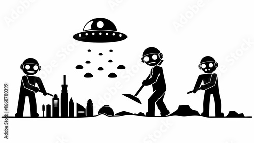 Illustration of stick figures working as aliens fly in a ufo over a city skyline and drop rocks down | editable eps vectors silhouette