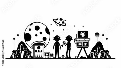 Two astronauts exploring a new planet with equipment and a camera under a starry sky and a ringed planet | editable eps vectors silhouette
