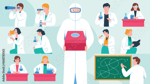 Scientists in lab coats and protective suit with equipment laboratory research