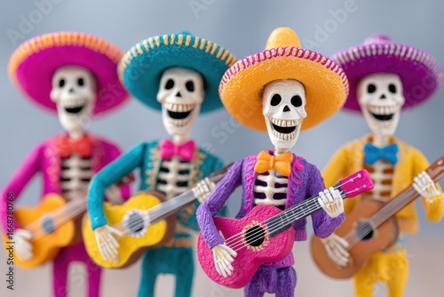 Skeleton mariachi band playing guitars and celebrating Dia de Muertos