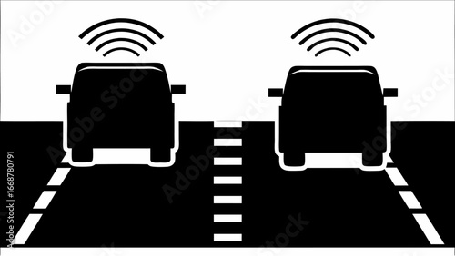 Two autonomous vehicles on a road with dashed lines and wireless signals above each car in black and white | editable eps vectors silhouette