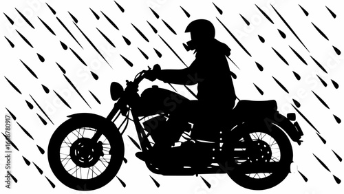 Silhouette of a motorcyclist riding a motorcycle in the rain with a helmet and jacket on a white background | editable eps vectors