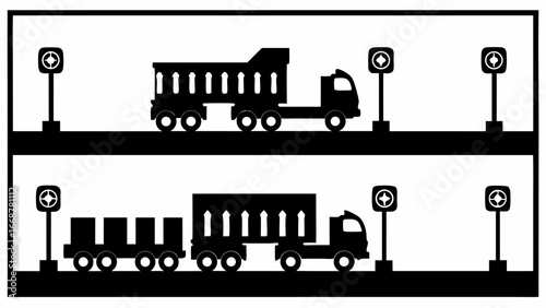 Black silhouette of trucks and trailers on a road with streetlights in a framed dual level layout | editable eps vectors