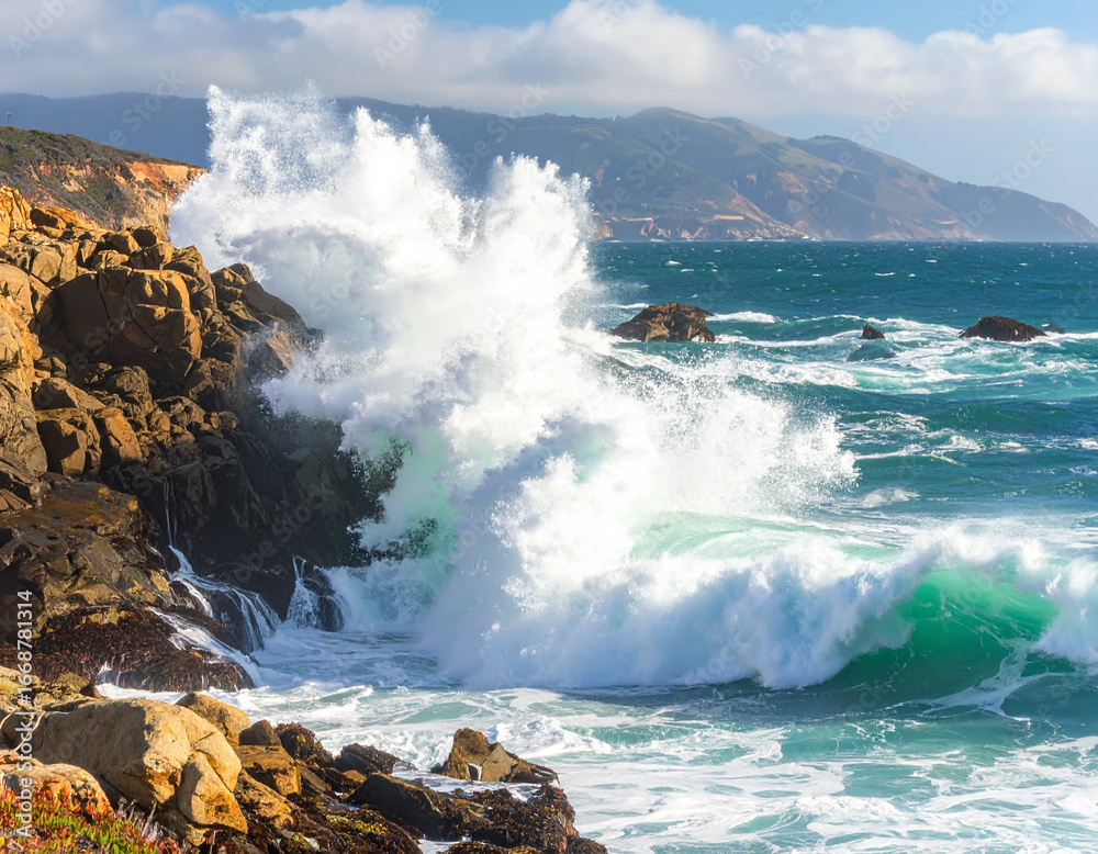 Fototapeta premium wave crashing on rocks