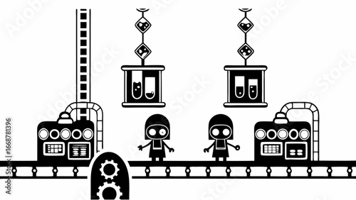 Black and white factory scene with conveyor belt, machines, test tubes, and two doll like figures | editable eps vectors silhouette