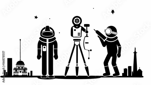 Silhouette illustration of astronauts and futuristic technology against a cityscape backdrop scene | editable eps vectors
