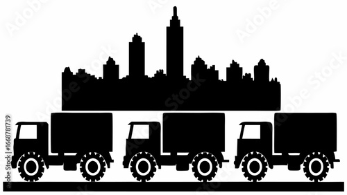 Three trucks in silhouette with a city skyline backdrop creating a monochrome transportation scene view | editable eps vectors