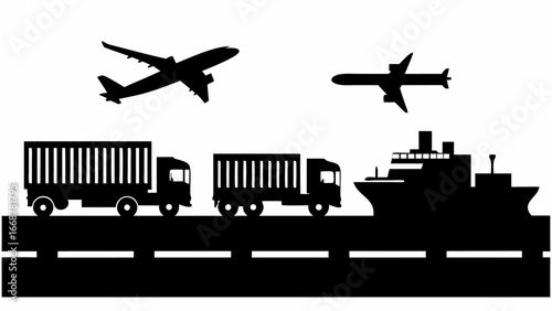 Illustration depicting various modes of transportation including airplane trucks and a cargo ship at sea 100 | editable eps vectors silhouette