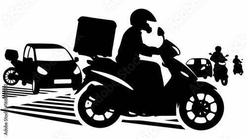 Silhouette of delivery scooter with box, car, and other scooters on a white background in black and white | editable eps vectors