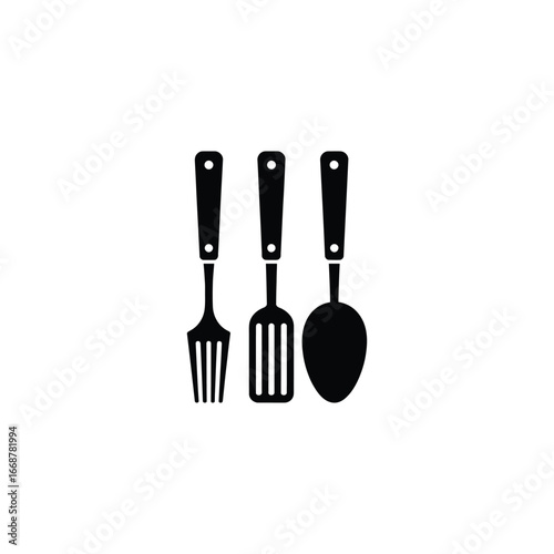 Black Utensils Spoon, Spatula, and Fork Icon on Transparent Background