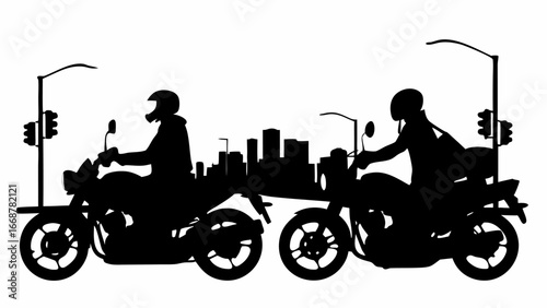 Two motorcyclists silhouetted against a cityscape with traffic lights and street lamps in monochrome style | editable eps vectors
