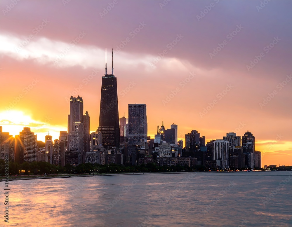 Fototapeta premium Chicago skyline at sunset over lake