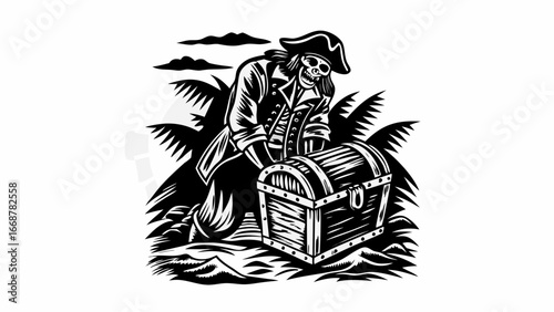 A skeletal pirate kneels before a treasure chest amidst palm trees and distant clouds in monochrome | editable eps vectors silhouette