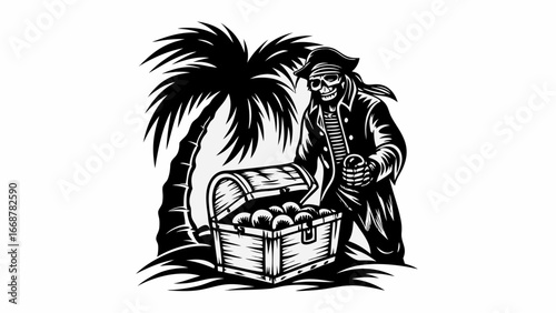 Pirate skeleton with treasure chest and palm tree in black and white illustration style on a white background | editable eps vectors silhouette