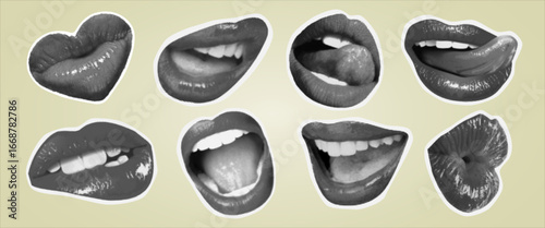Set of vintage halftone lips illustrations with different mouth expressions, retro pop art style stickers of smiling, kissing, biting and playful lips on textured background