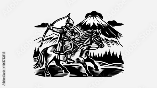 Warrior on horseback with bow and arrow in mountainous landscape in black and white woodcut style | editable eps vectors silhouette