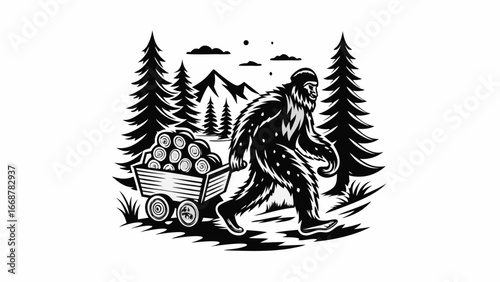 Illustration of bigfoot pulling a wagon full of logs through a forest with mountains in the background | editable eps vectors silhouette