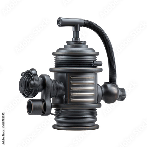 Industrial black pump with tubing and mechanical fittings, used for air or liquid transfer, pressure systems, or workshop equipment.
