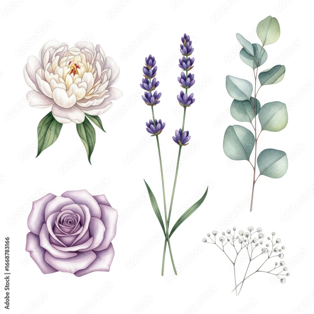 Obraz premium Watercolor floral elements peony, rose, lavender, eucalyptus, isolated on transparent background