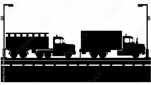 Black silhouette of two trucks on a road with streetlights on either side against a white background | editable eps vectors