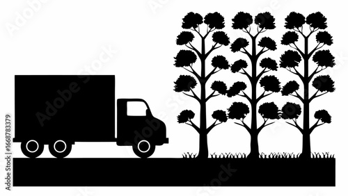 Silhouette of a delivery truck driving past a row of trees in a black and white landscape scene view | editable eps vectors