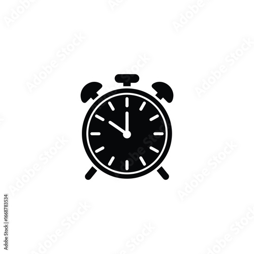 Isolated Black Alarm Clock Icon Showing About Twelve O'clock on Transparent Background