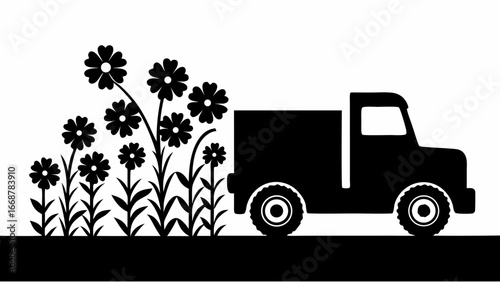 Silhouette of a truck next to a field of flowers in black and white graphic design illustration style art | editable eps vectors