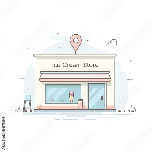 Charming Ice Cream Store Illustration with Pastel Colors and Location Pin for Summer Treats